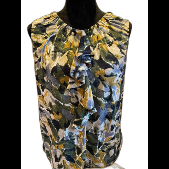 Jaclyn Smith Blouse Sz Large Top Sleeveless Ruffle Front Green Rounded Neckline - Picture 2 of 8